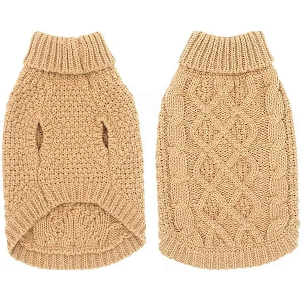 Turtleneck Dog Sweater, Cable Knit Clothes with Leash Hole for Cold Weather,
