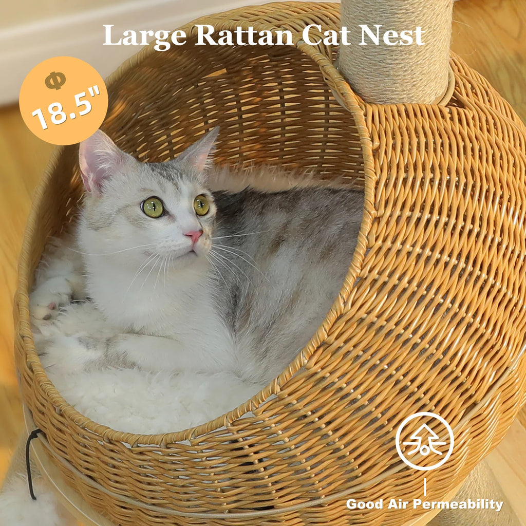 Dinosaur Cat Tree Tower with Sisal Scratching Post.  Large Rattan Cat Condo has Indoor Wicker Cat Bed with Removable Mat and Cat Toys.
Cats up to 20 lbs.