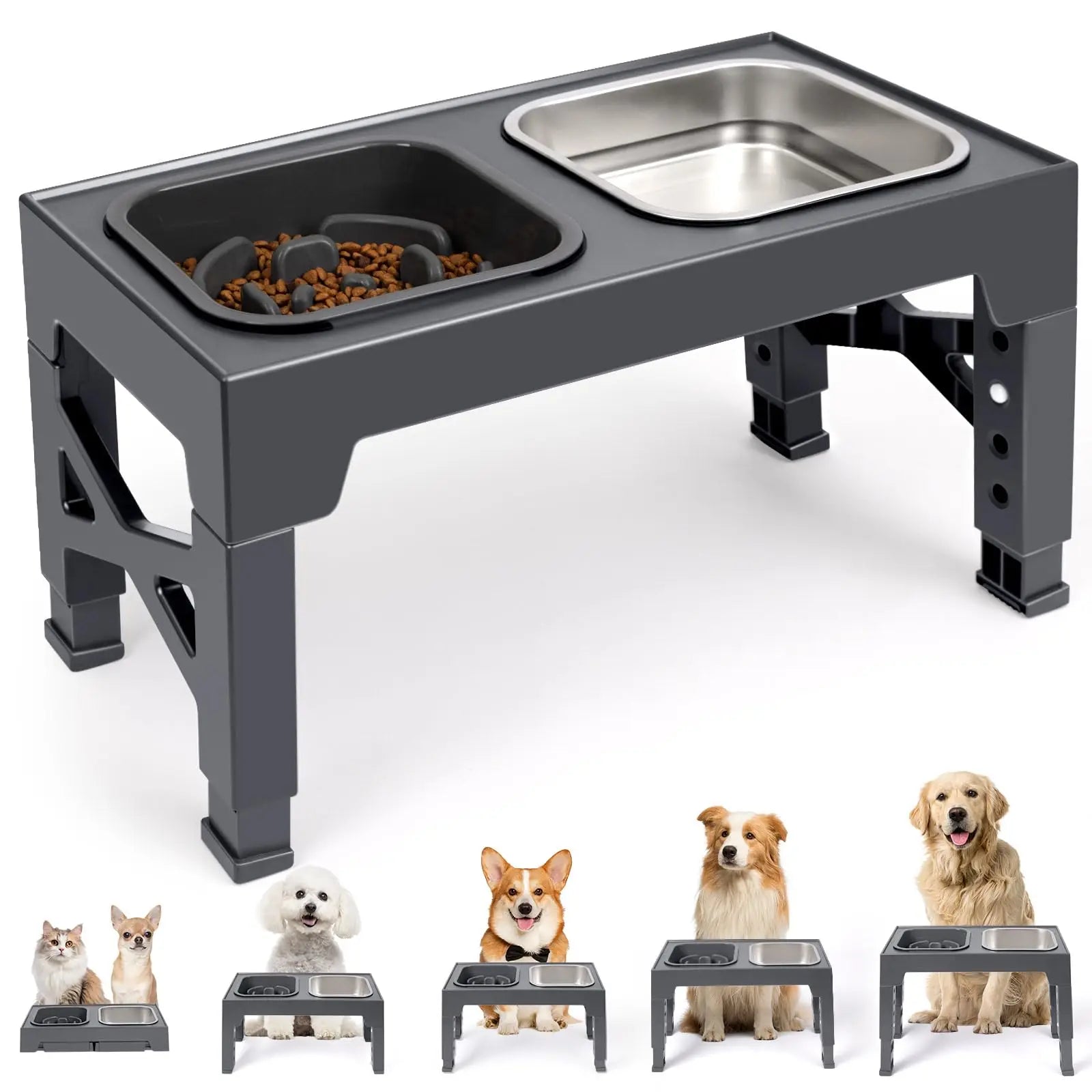 Elevated Dog and Cat Bowls, Stainless Steel/Plastic/ Pet Food & Water Bowls with Foldable Stand.