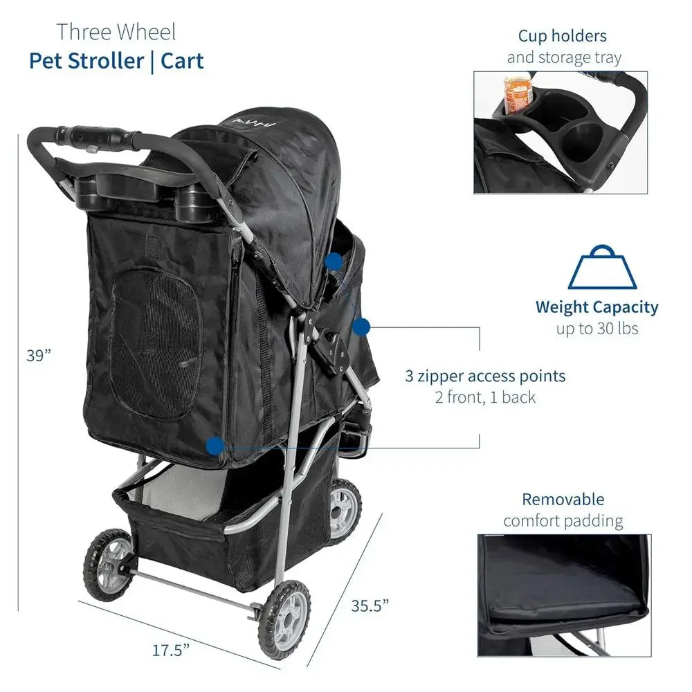 3-Wheel Pet Stroller for Cats, Dogs & More.