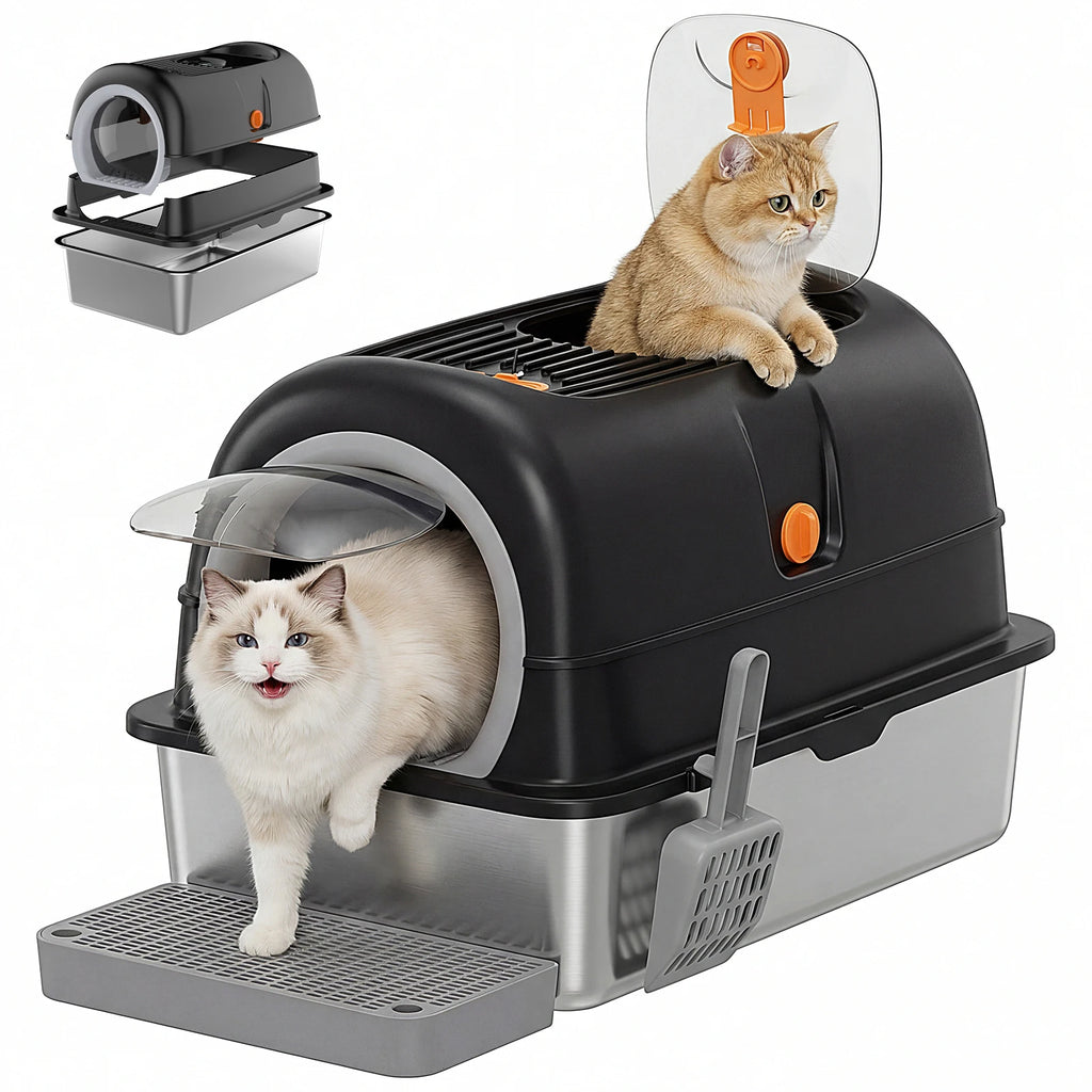 24 IN Stainless Steel Cat Litter Box with Fully Enclosed 30 L Large Cat Litter Box.  Scoop and Mat Included.