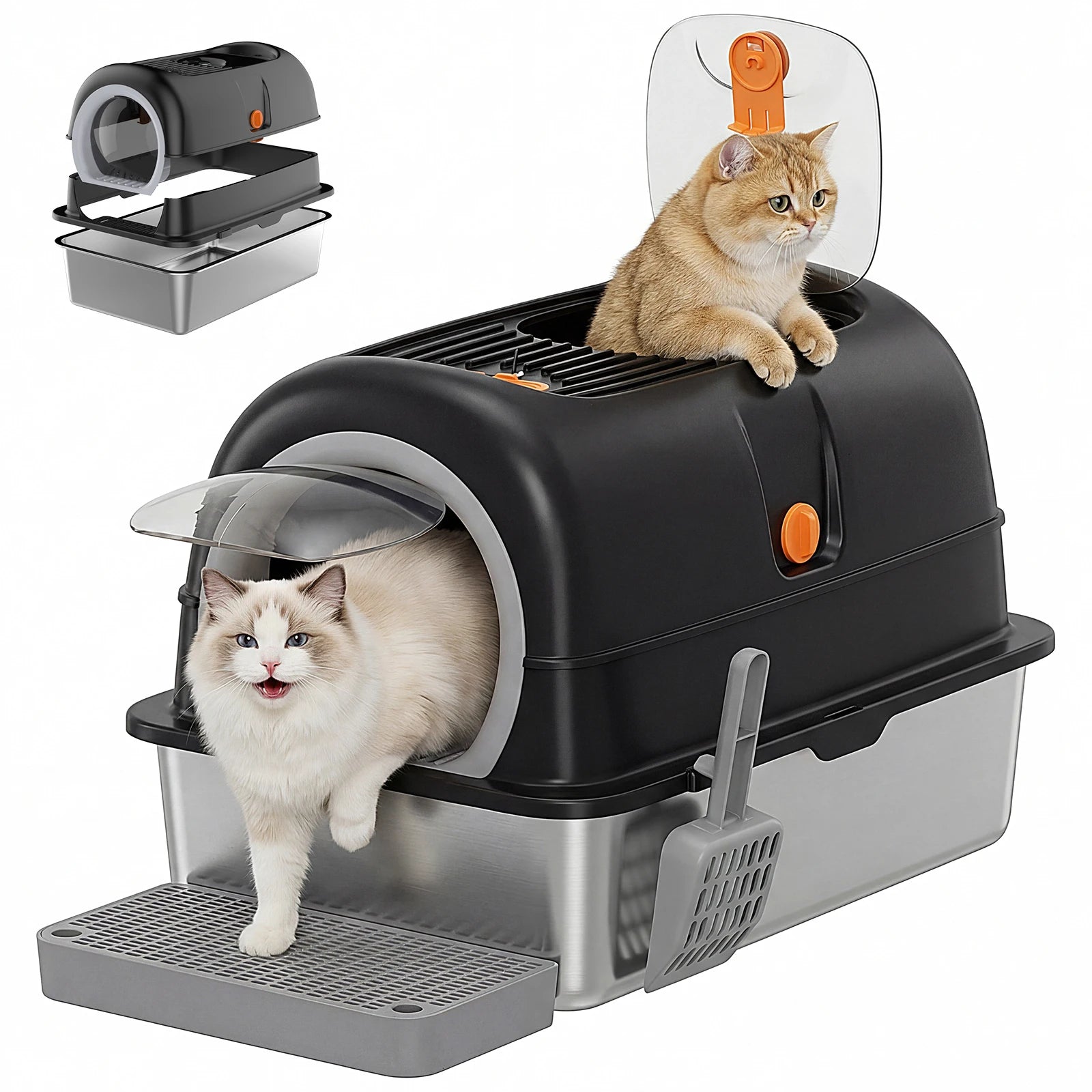 24 IN Stainless Steel Cat Litter Box with Fully Enclosed 30 L Large Cat Litter Box.  Scoop and Mat Included.