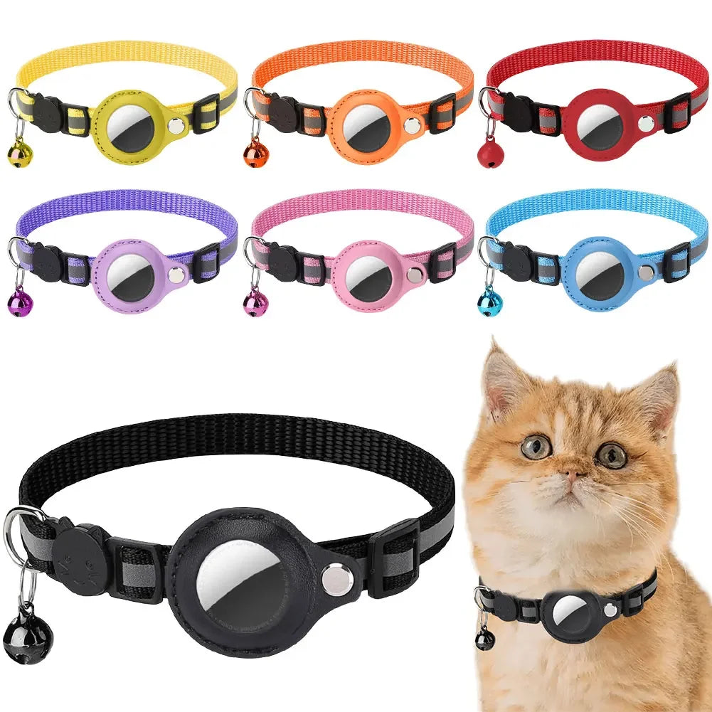 Reflective Cat Collar with Apple Air-Tag Holder Adjustable and Stylish Design for Kitten Safety.