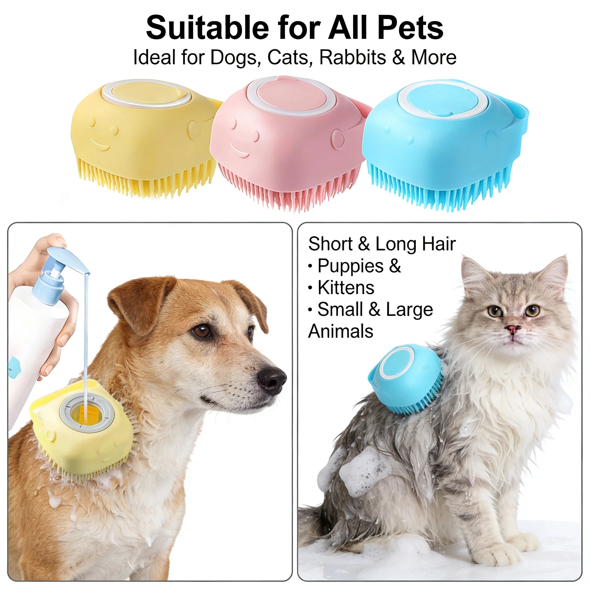 Pet Bath and Massage Brush with Shampoo Storage Silicone.