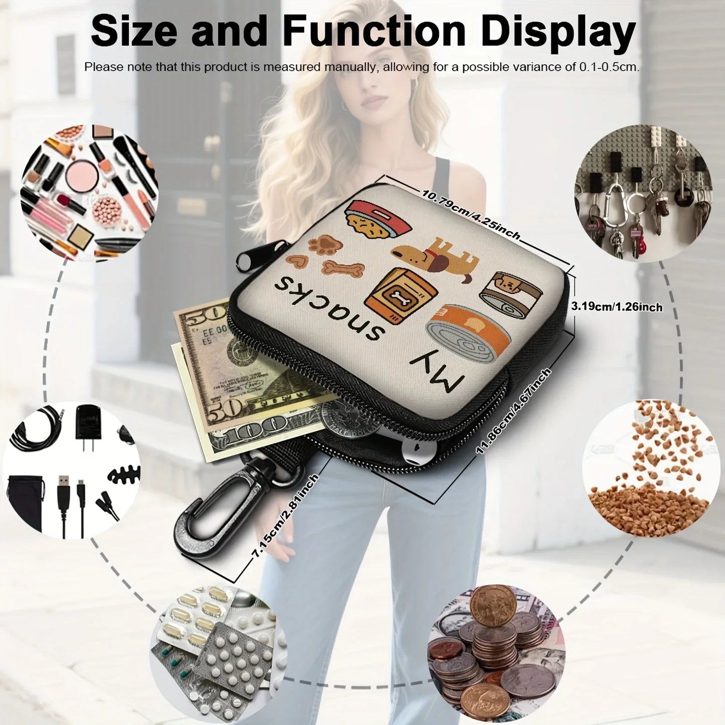 1 Piece Dog Print Dog Treat Bag with Hook and Zipper.