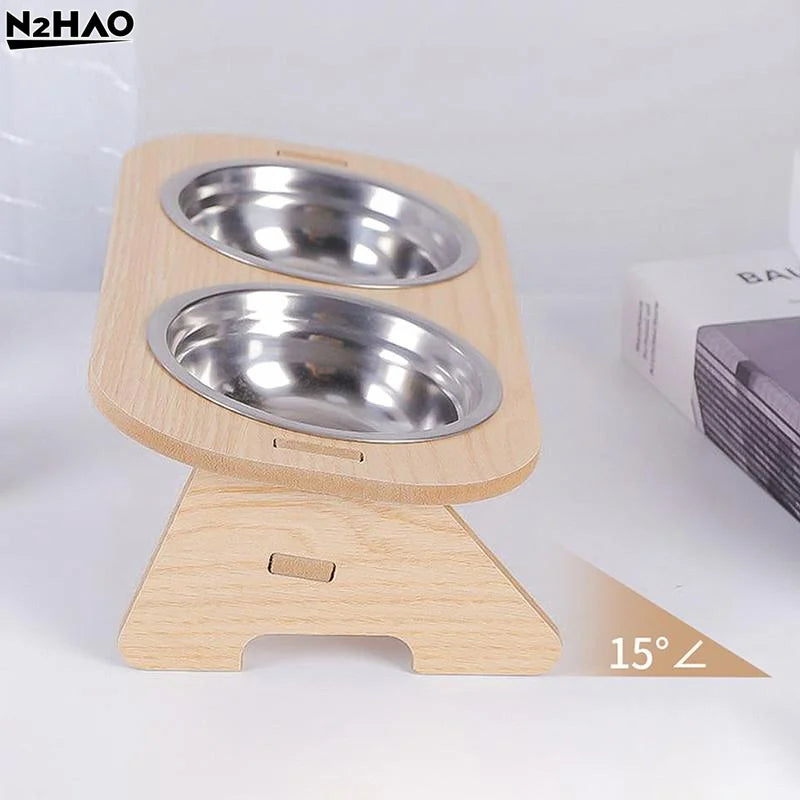 Elevated Cat Bowls 15° Tilted Raised Bowls.  Wooden Stand and Stainless Steel Bowls for Cats And Puppies.