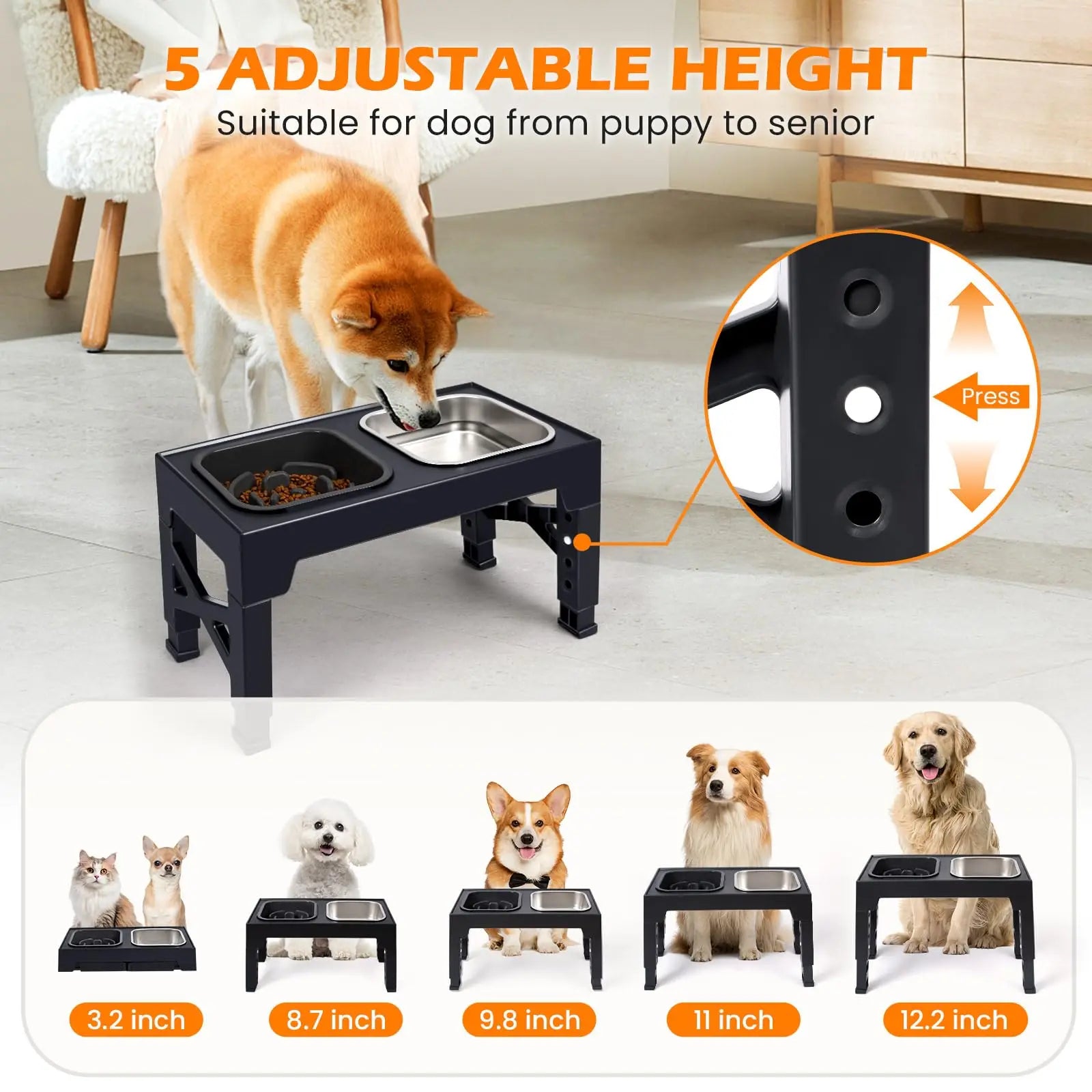 Elevated Dog and Cat Bowls, Stainless Steel/Plastic/ Pet Food & Water Bowls with Foldable Stand.