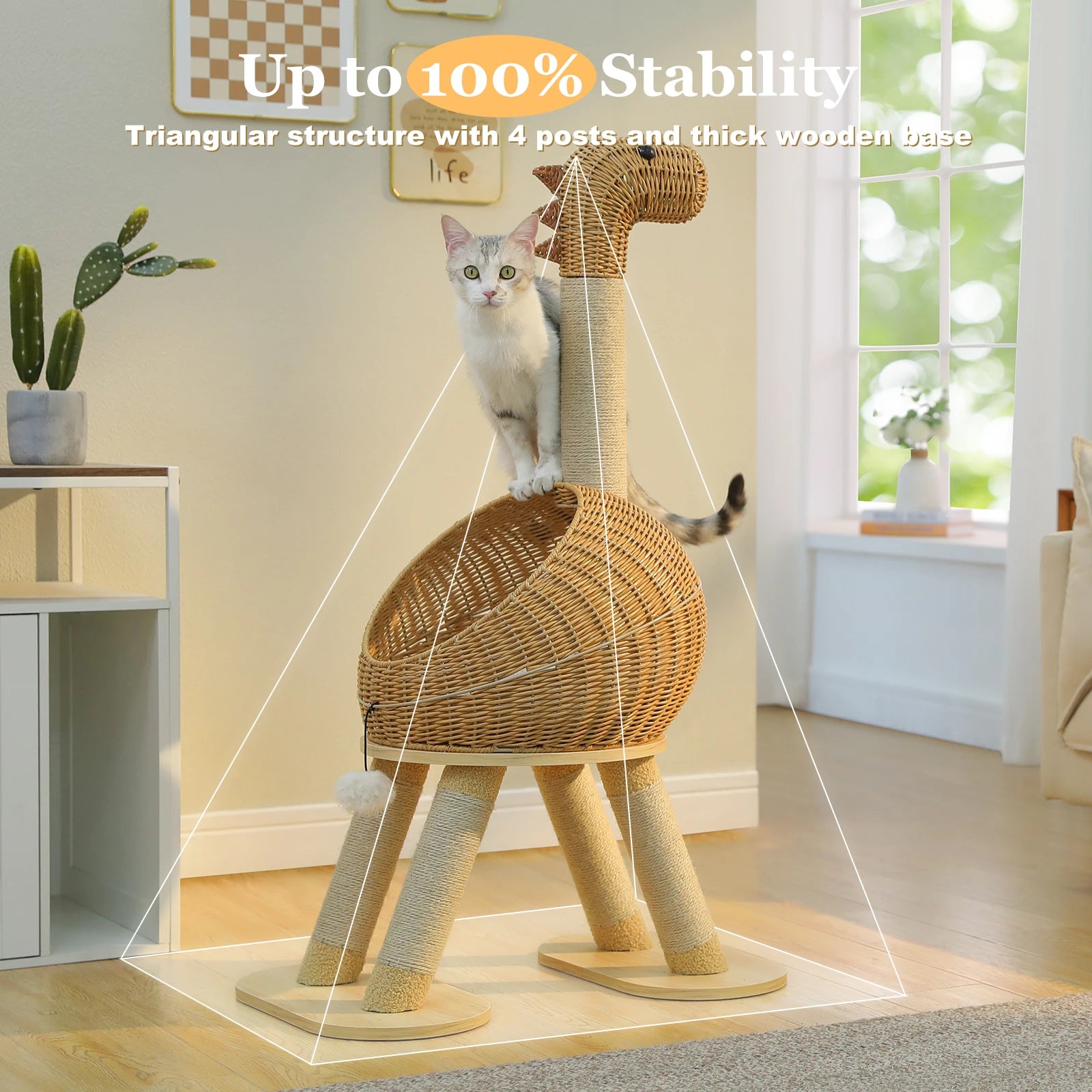 Dinosaur Cat Tree Tower with Sisal Scratching Post.  Large Rattan Cat Condo has Indoor Wicker Cat Bed with Removable Mat and Cat Toys.
Cats up to 20 lbs.
