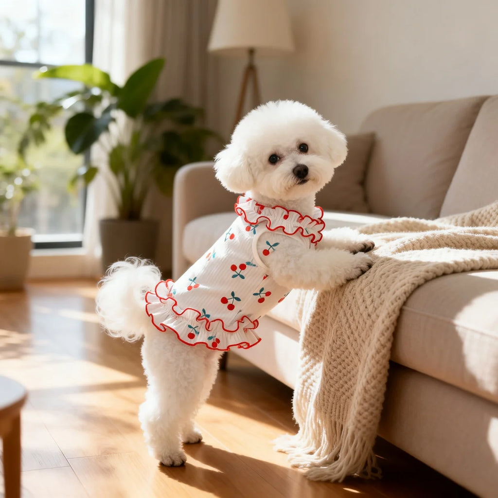 1Piece Cute Cherry Ruffle Dress for Small Dogs, Comfortable Anti-Static Dog Skirt for Summer.