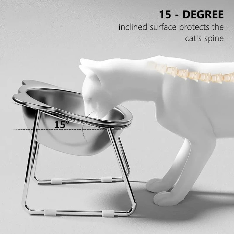 Stainless Steel Raised Cat Bowl with 15° Elevated Non-Slip Design for Cats and Puppies.
