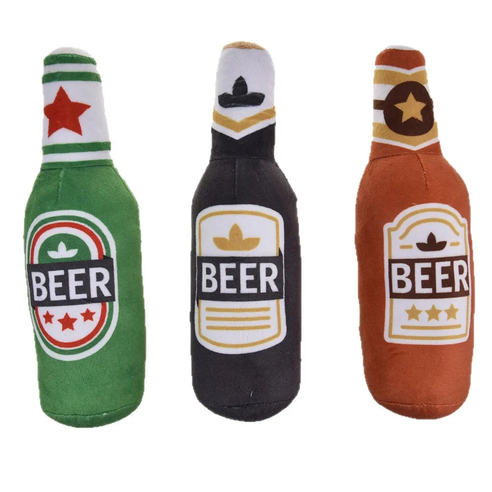 Plush Dog Toys Beer Bottle Shaped for Small, Medium and Large Dogs.  Bite Resistant, Squeaky and Interactive.