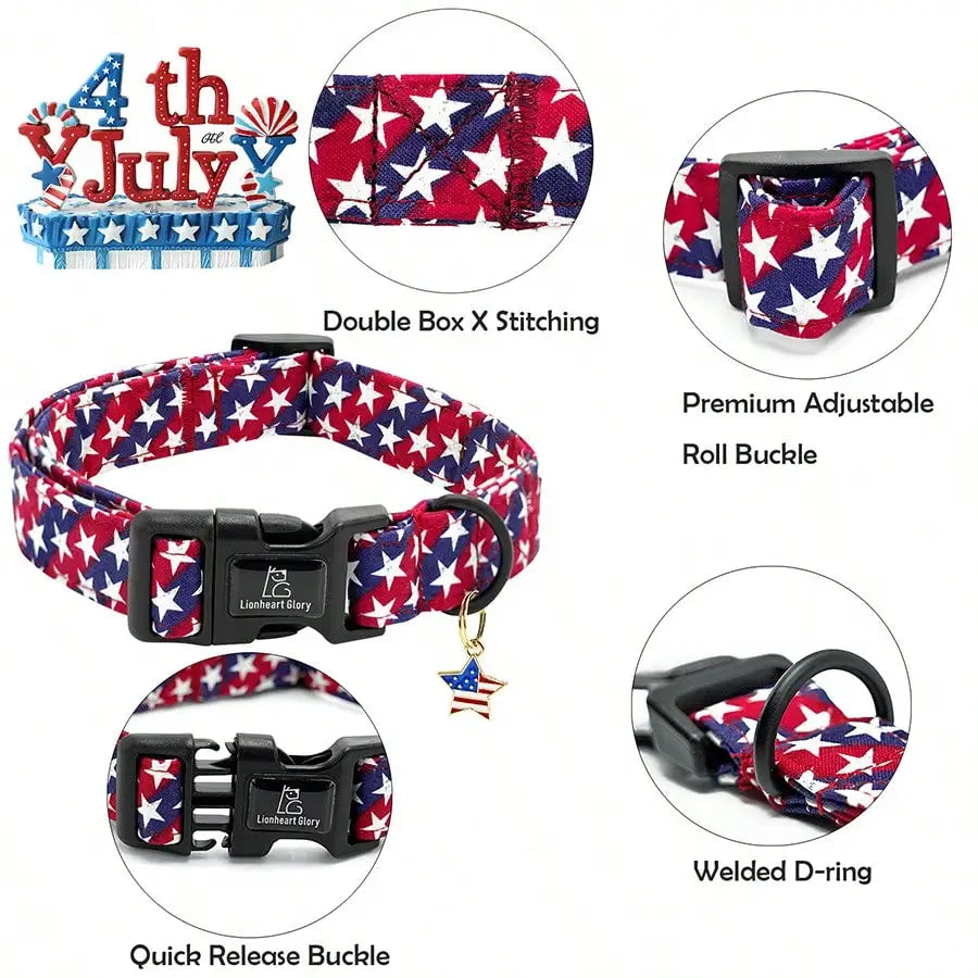 4th of July Independence Day Patriotic Pet Collar;  American Flag Pattern;  Adjustable Dog Neck Strap;  Summer Holiday Dress Up or Gift.