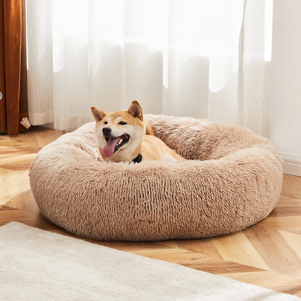 Calming Dog Bed for Medium to Large Dogs Anti-Slip Round Plush Faux Fur Dog Bed.