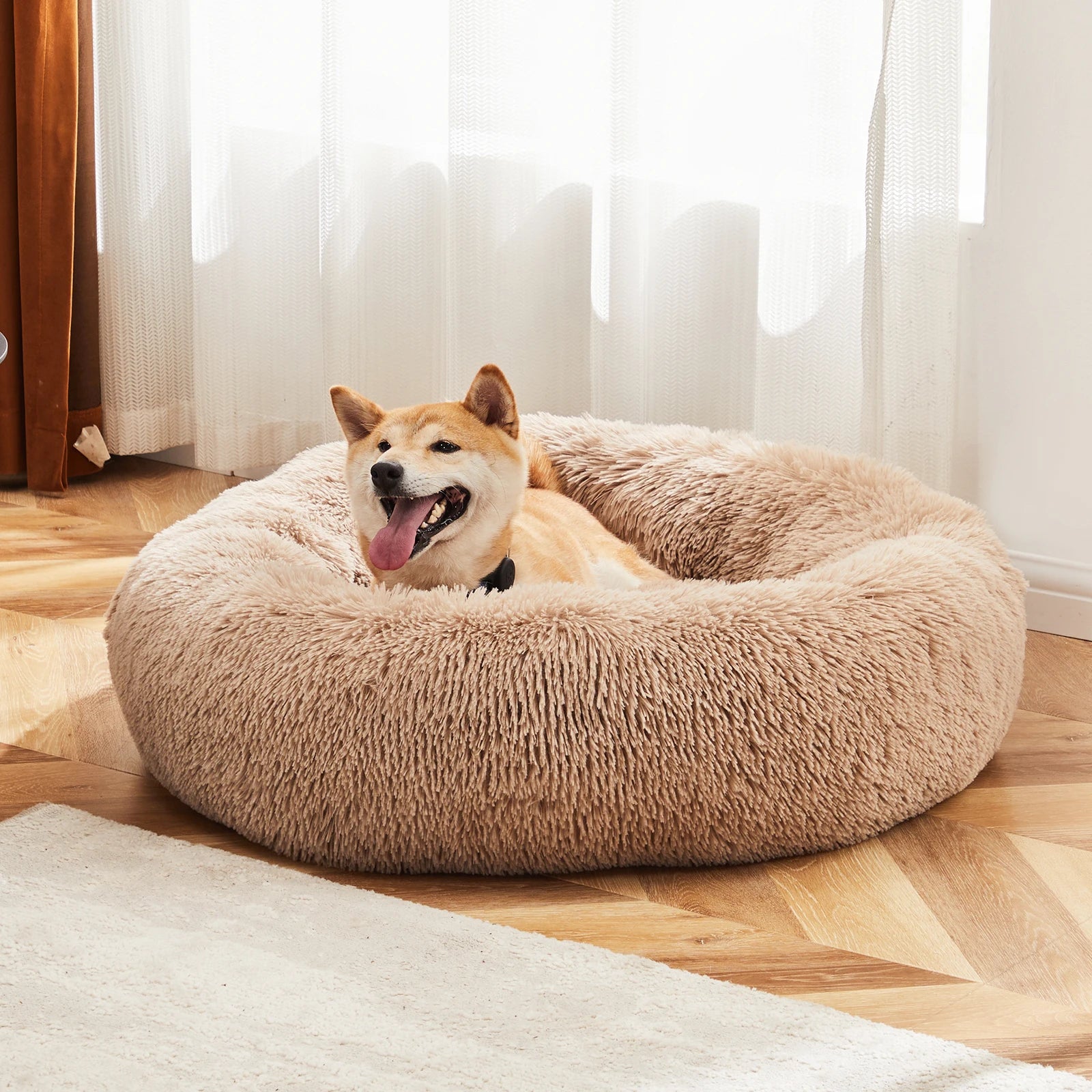 Calming Dog Bed for Medium to Large Dogs Anti-Slip Round Plush Faux Fur Dog Bed.