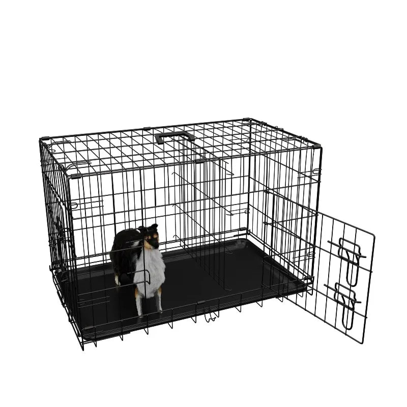 Dog Crate 36 Inch Medium Dog Cage with Divider.  Leak-Proof Tray,  Double Door,  Folding Metal Wire Cage, Indoor, Outdoor and Travel Use.