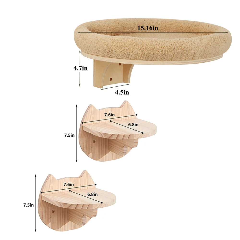 Cat Wall Mounted Wooden Climbing Ladder and Cat Hammock(extra) with Scratching Post and Perches.