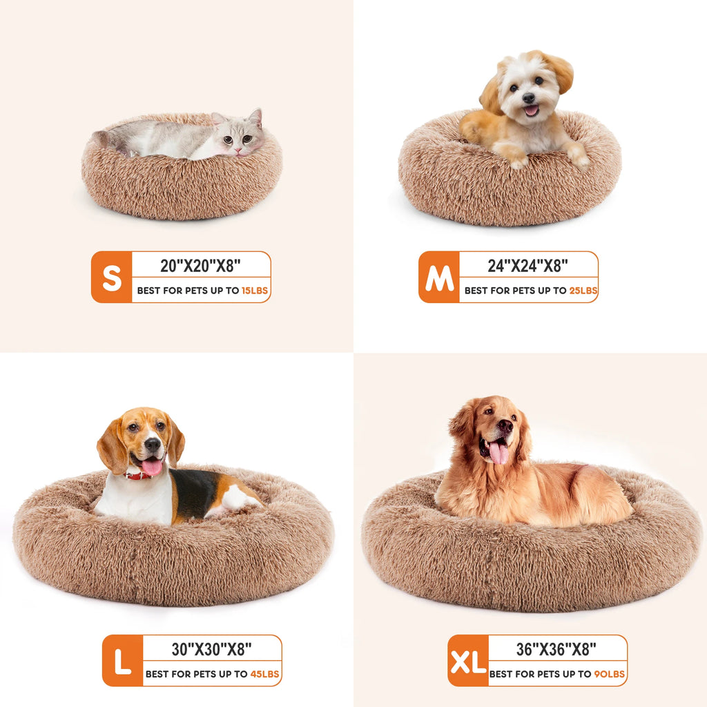 Calming Dog Bed for Medium to Large Dogs Anti-Slip Round Plush Faux Fur Dog Bed.