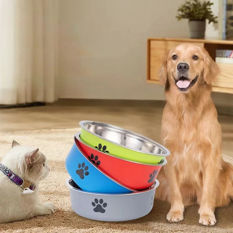 A Pet Stainless Steel Bowl  with  Paw Prints.