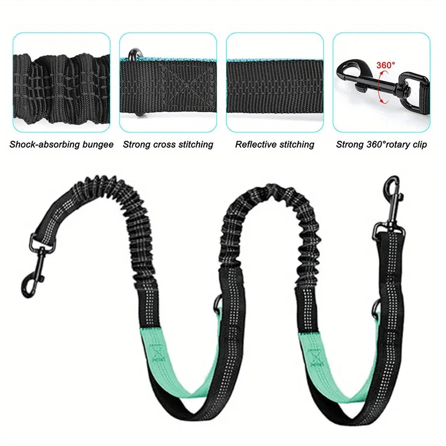 Retractable Dual Dog Leash with Spring Design.  Adjustable Waist Bag with Reflective Stitching for Running, Walking, Hiking and  Cycling for  medium and large dogs.