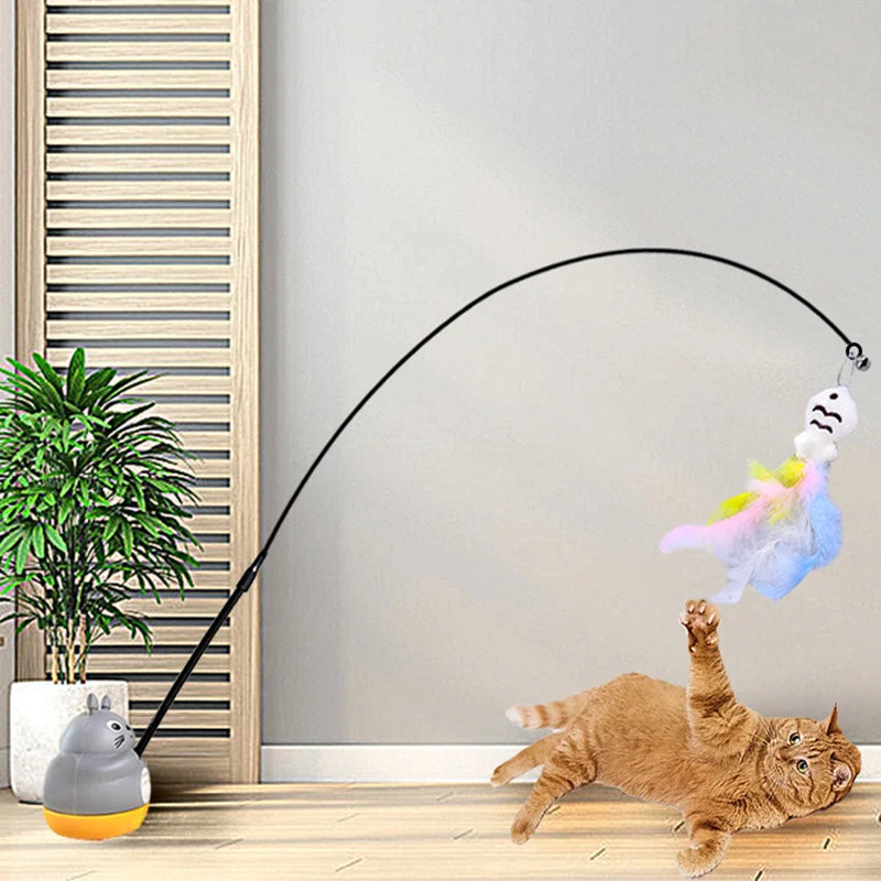 Long Steel Wire Cat Stick with Feathers with a Rotatable Base Unit.