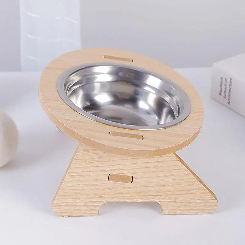 Elevated Cat Bowls 15° Tilted Raised Bowls.  Wooden Stand and Stainless Steel Bowls for Cats And Puppies.