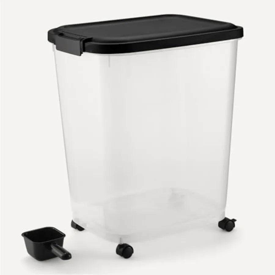 Pet Food Storage Container with Rolling Wheels, BPA-Free Plastic.  Comes with Detachable Scoop.  Capacity 50 lb.