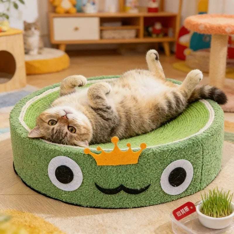 Cute Cartoon Cat Scratcher Bed Round Sisal Scratch Pad with Soft Plush Edge Wear-Resistant.  For Indoor Cat.