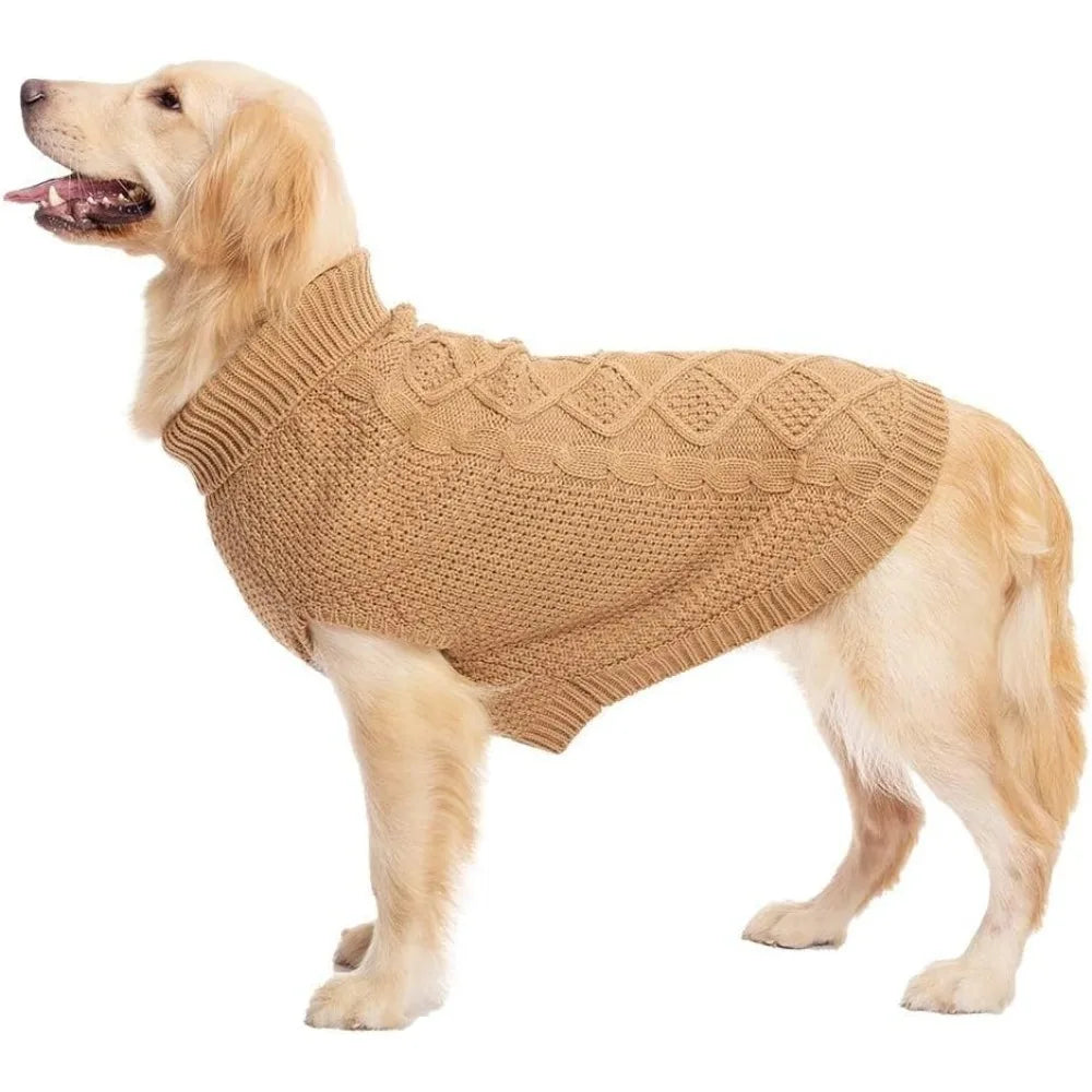 Turtleneck Dog Sweater, Cable Knit Clothes with Leash Hole for Cold Weather,
