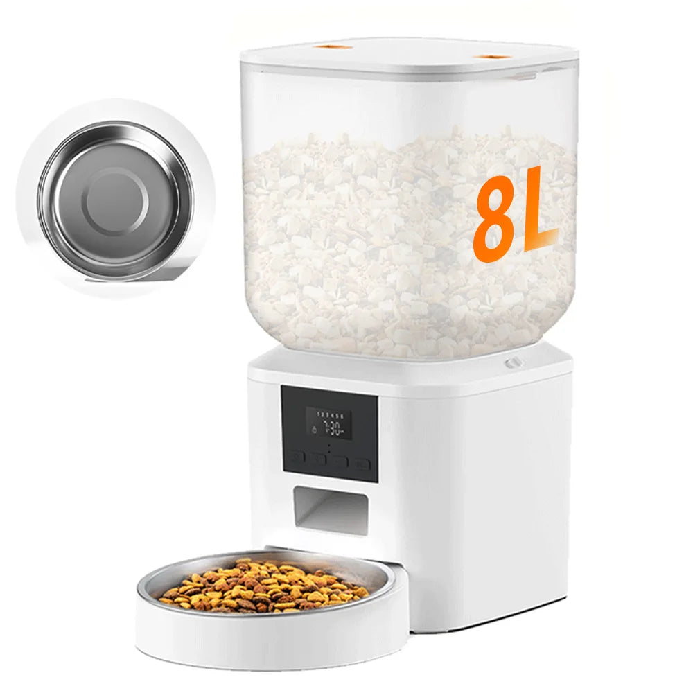 8 L Automatic Cat Feeder, Smart Pet Food Dispenser with Key Control, Voice Recorder, Dual Power Supply, Timed Auto Dog Feeder with Stainless Steel Bowl.