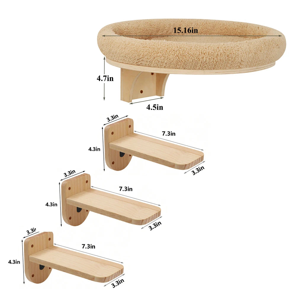 Cat Wall Mounted Wooden Climbing Ladder and Cat Hammock(extra) with Scratching Post and Perches.