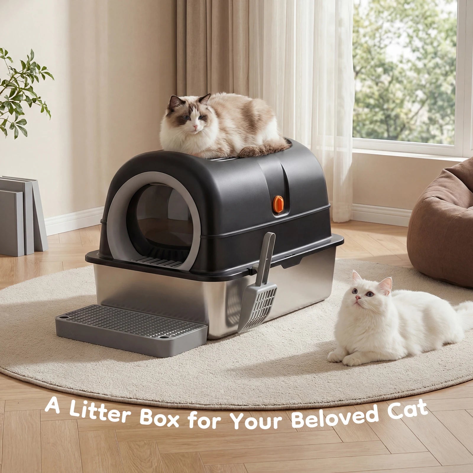 24 IN Stainless Steel Cat Litter Box with Fully Enclosed 30 L Large Cat Litter Box.  Scoop and Mat Included.