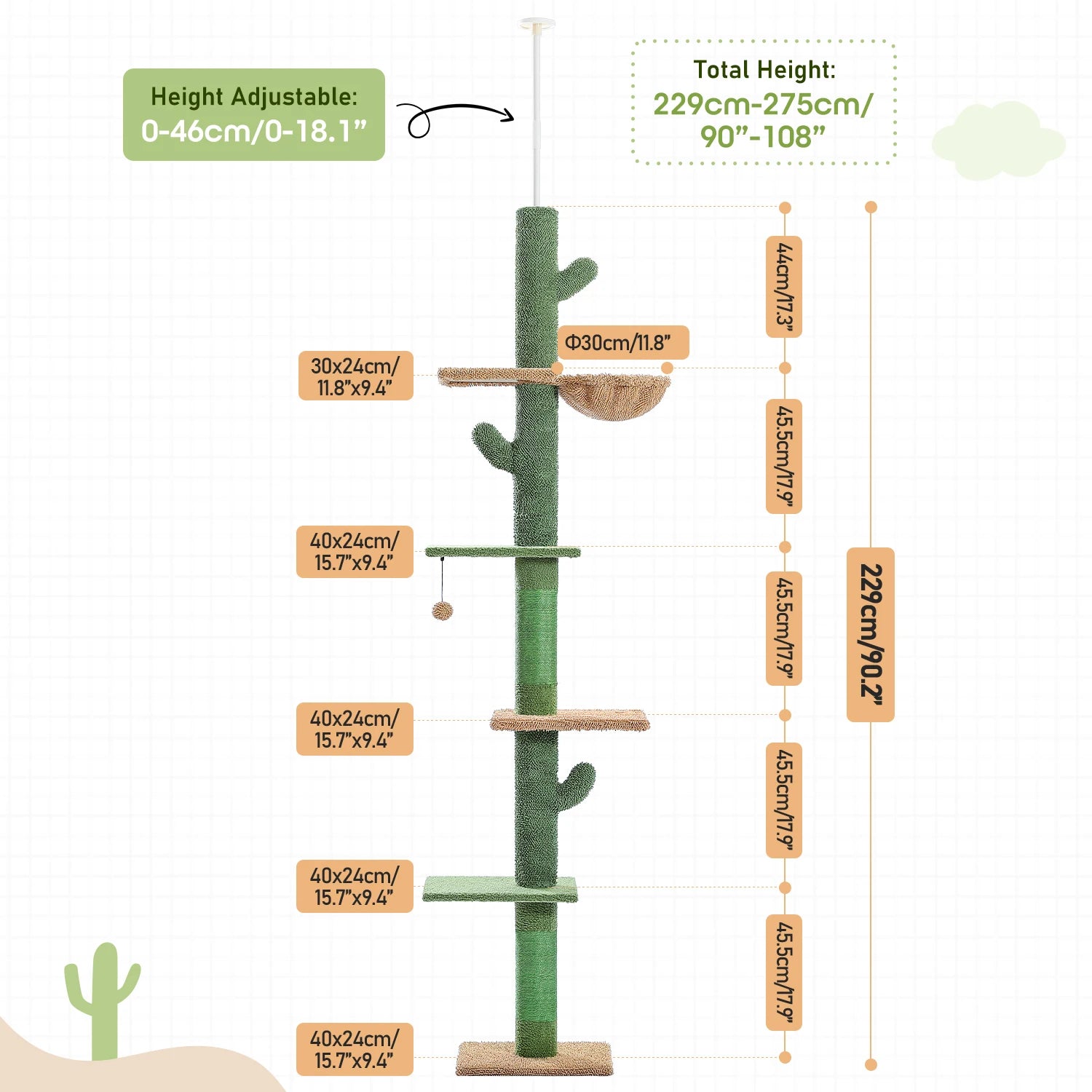 Cat Tower Cactus Tree with Scratching Post,  Hammock and Dangling Ball for Indoor Cats.