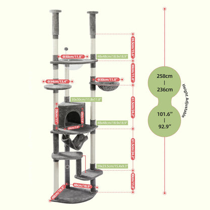 Floor to Ceiling Cat Tree with Scratching Posts and a Hammock for Indoor Cats with Toys.
