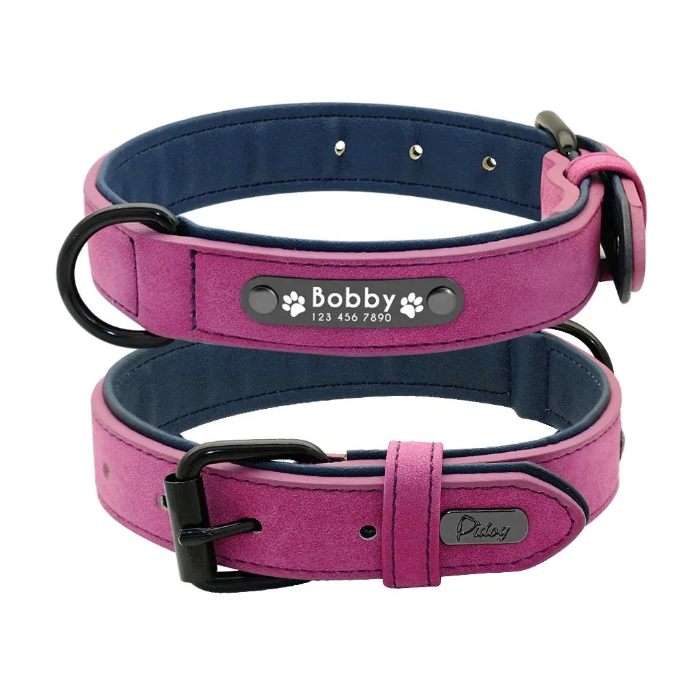 Personalized Name ID Tag Leather Dog Collar for Small, Medium and Large Dogs.