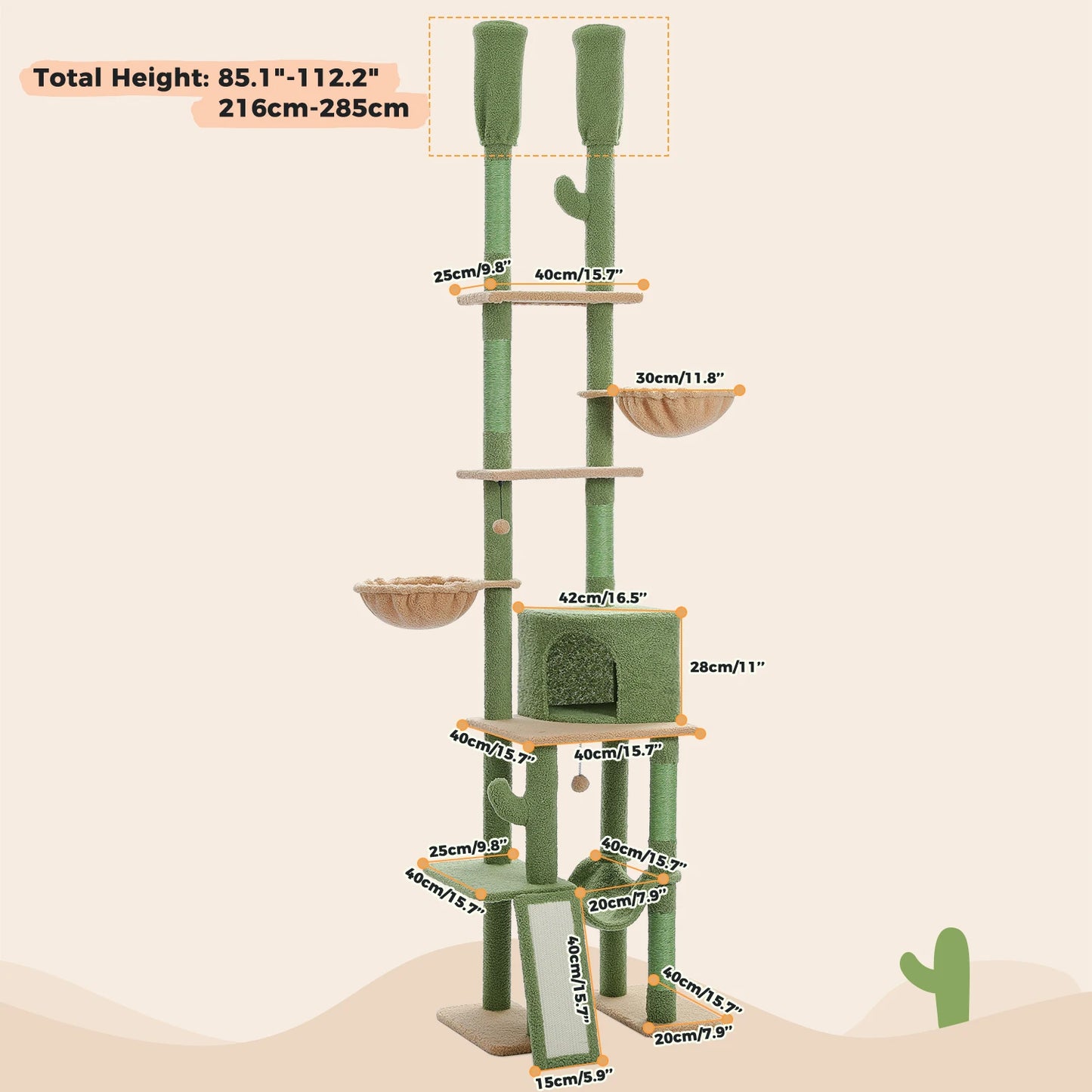 Floor to Ceiling Cat Tree with Scratching Posts and a Hammock for Indoor Cats with Toys.