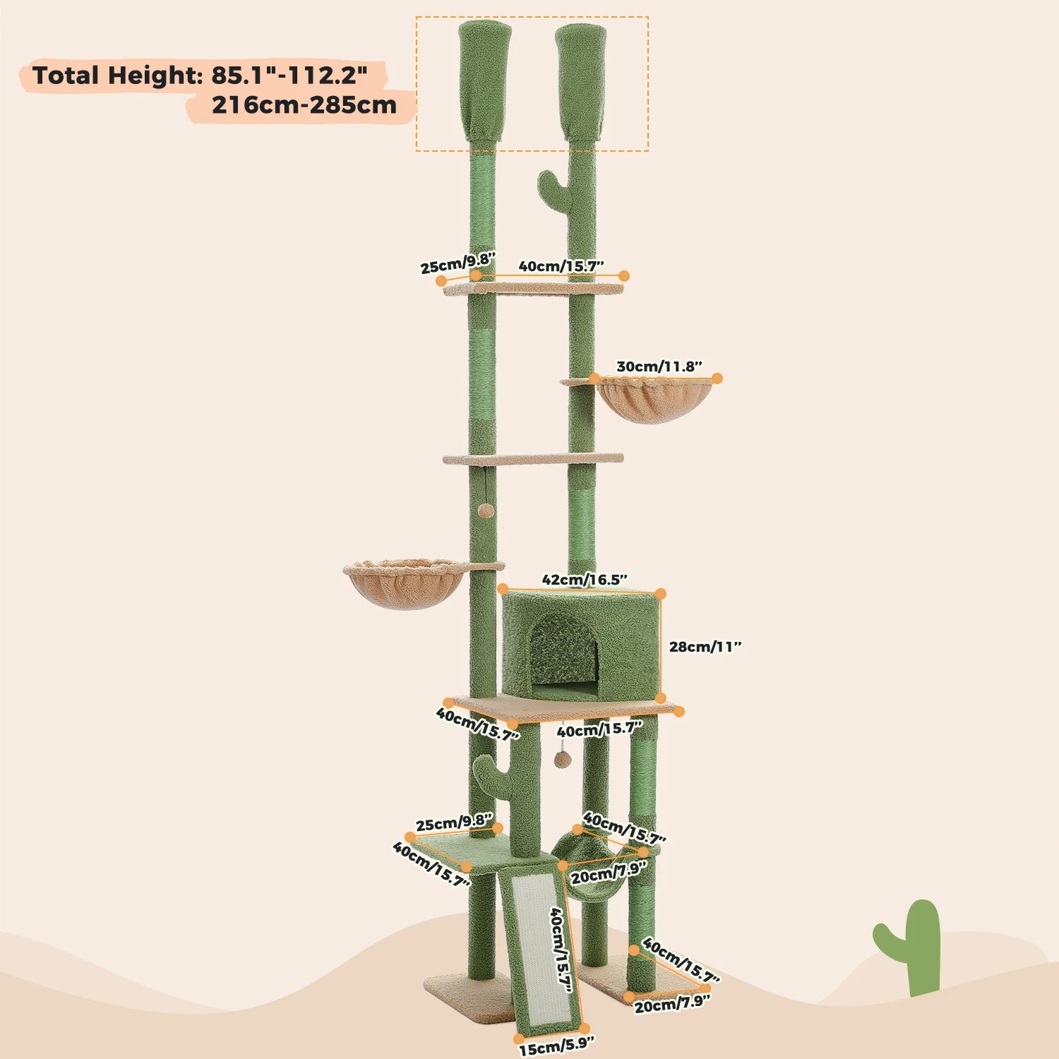 Floor to Ceiling Cat Tree with Adjustable Height, Scratching Posts, and Hammock for Indoor Cats with Toys.