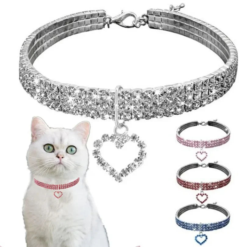 Cat and Dog Collar Three Row Elastic Rhinestone.  Pet Collars Have Decoration on Necklace.