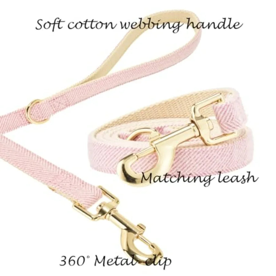 Luxury Soft Cotton Tweed Fabric Dog Collar and Leash Set with Gold Buckle.  Durable Fabric and  Stylish Design for Everyday Walks.
