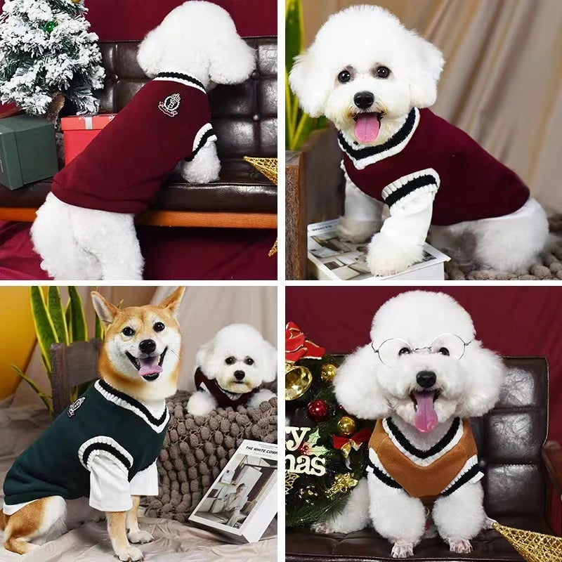 Winter Warm Dog Sweater College Style V-neck.
