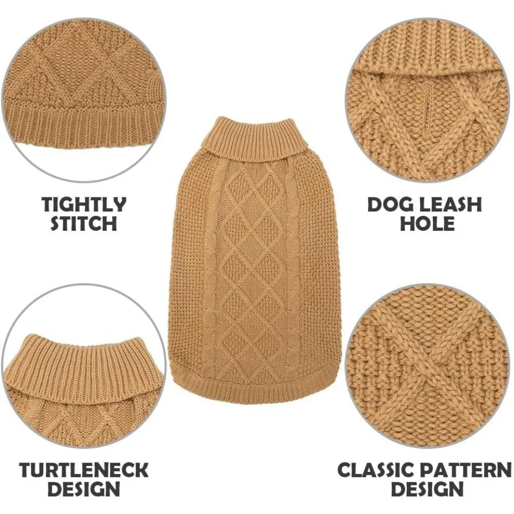 Turtleneck Dog Sweater, Cable Knit Clothes with Leash Hole for Cold Weather,