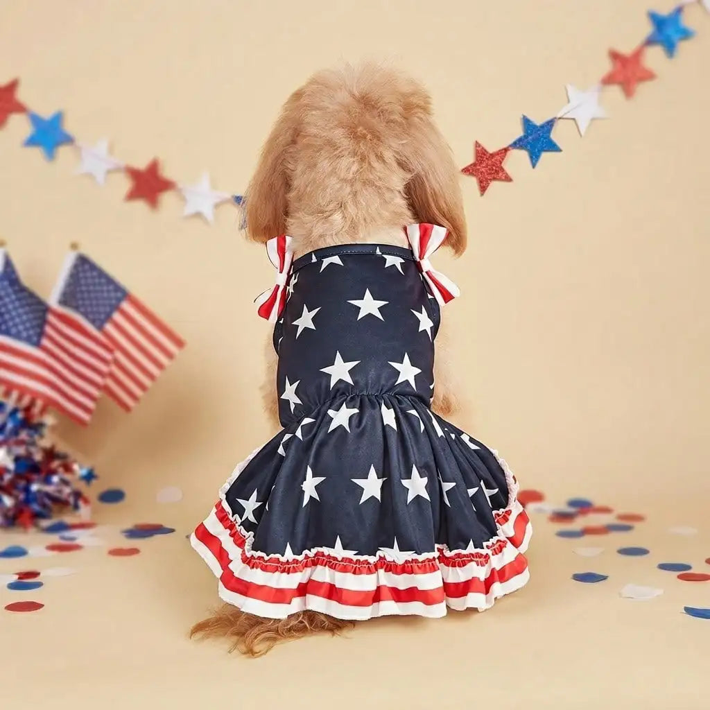 1pc Pet Dog Dress, 4th Of July Themed Striped Star & Double Bow Design, Suitable For Small and Medium Dogs and Cats.
