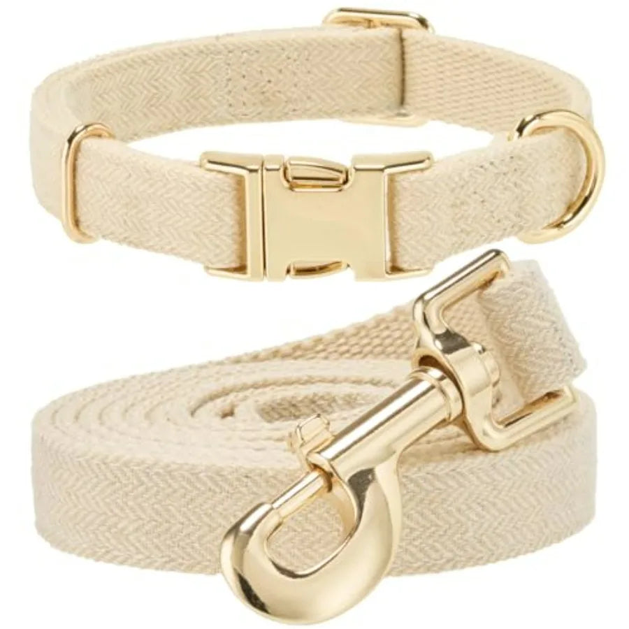 Luxury Soft Cotton Tweed Fabric Dog Collar and Leash Set with Gold Buckle.  Durable Fabric and  Stylish Design for Everyday Walks.