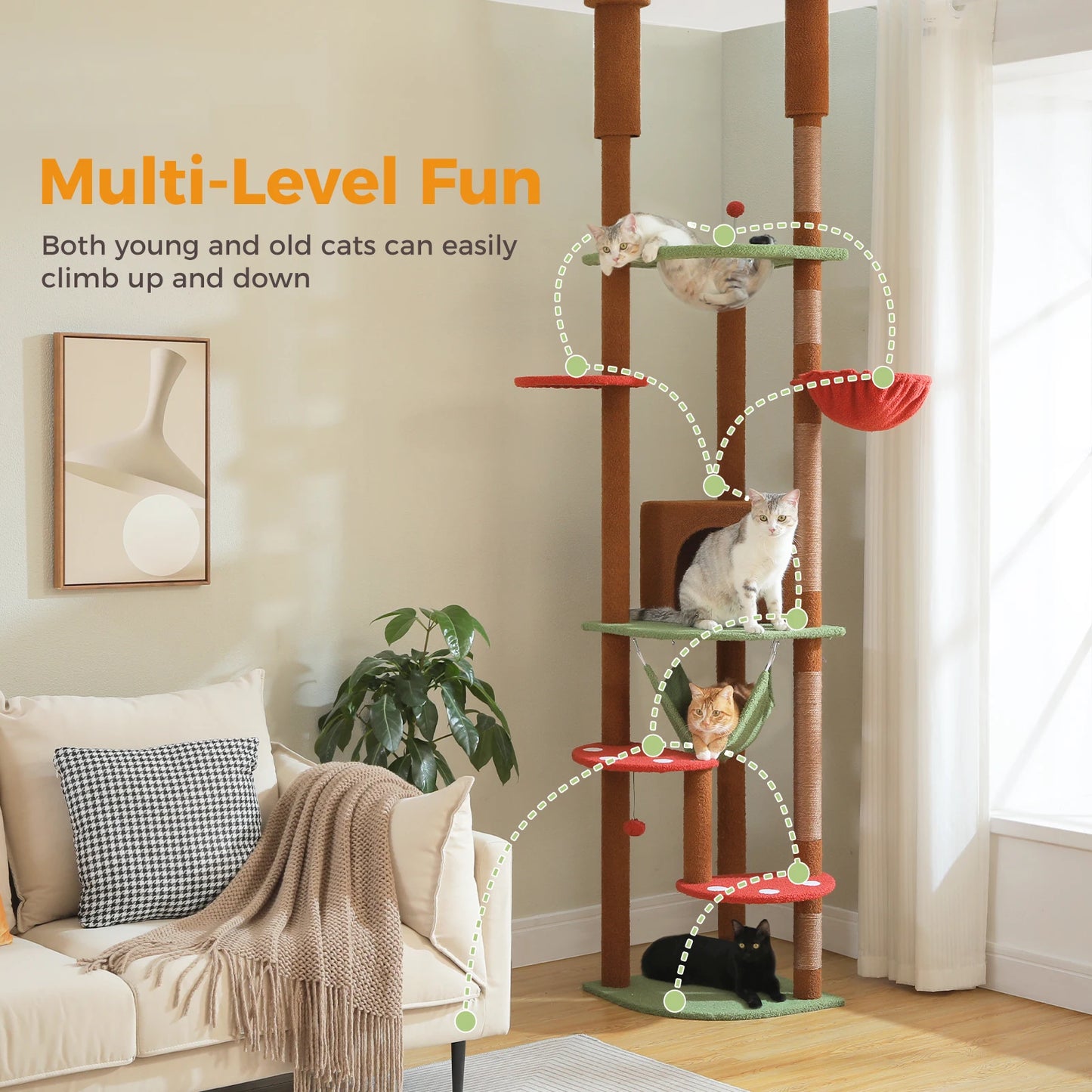 Floor to Ceiling Cat Tree with Scratching Posts and a Hammock for Indoor Cats with Toys.