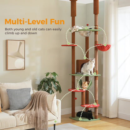 Floor to Ceiling Cat Tree with Scratching Posts and a Hammock for Indoor Cats with Toys.