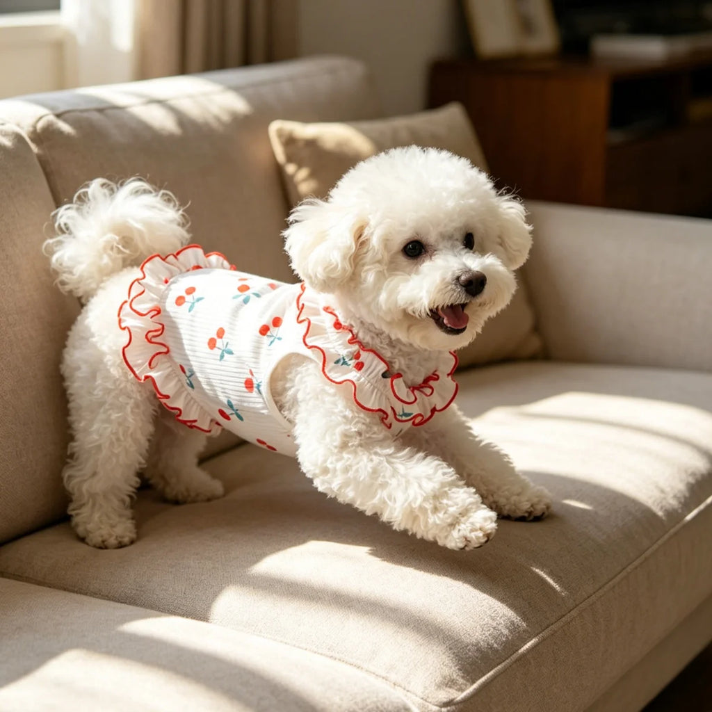 1Piece Cute Cherry Ruffle Dress for Small Dogs, Comfortable Anti-Static Dog Skirt for Summer.
