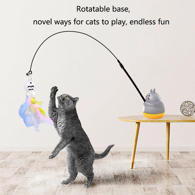 Long Steel Wire Cat Stick with Feathers with a Rotatable Base Unit.