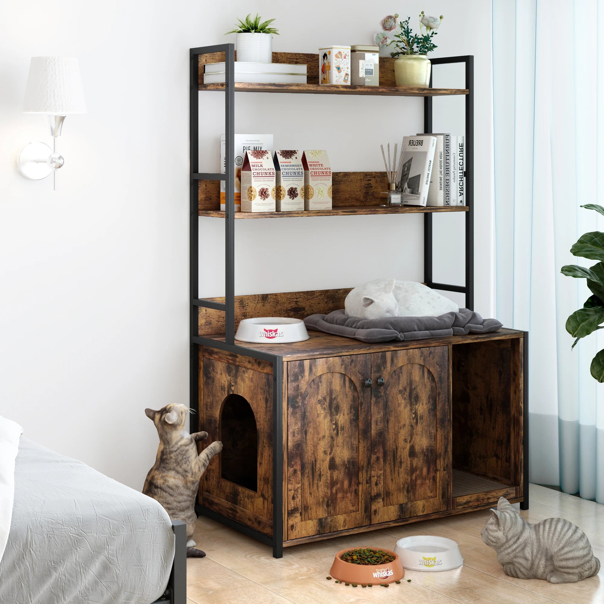 Wood Cat Litter Box Enclosure.  Furniture with Shelves. Indoor Cat Area with Scratch Pad.