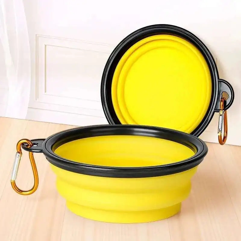 2 in 1 Collapsible Double Dog Travel Bowl.  Folding Bowl Allows One Side for Food and the Other for Water.