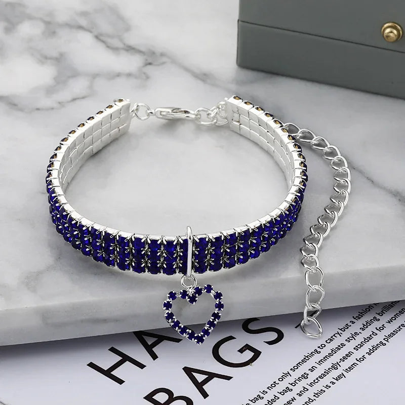 Cat and Dog Collar Three Row Elastic Rhinestone.  Pet Collars Have Decoration on Necklace.