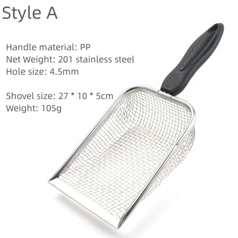 Pet Cat Waste Shovel with a Long Handle.  Shovel is Stainless Steel Metal and the Litter Filter.
